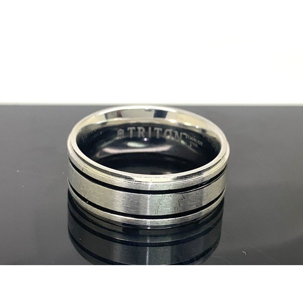 Men's Wedding Band Triton Black Silver Stainless Steel 9mm Size 11.25